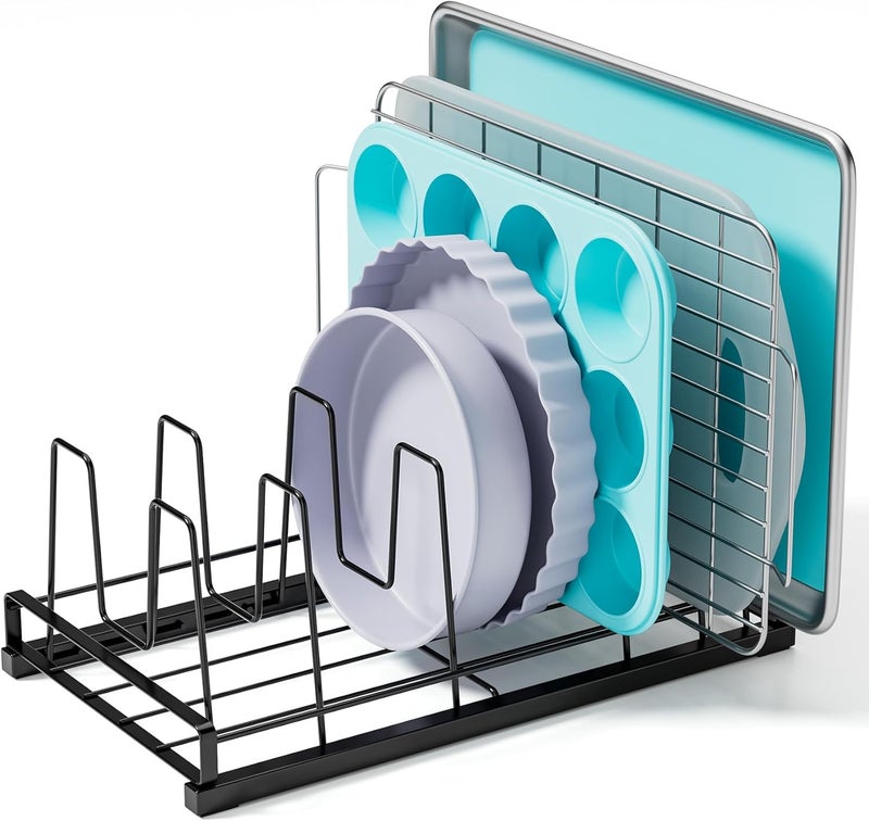 GAGUIUP Premium Adjustable Kitchen Bakeware and Pan Organizer - Food Container Lid Organizer Ideal for Cabinet, Drawers, Cupboard, Pantry Storage, Matte Black - Image 1